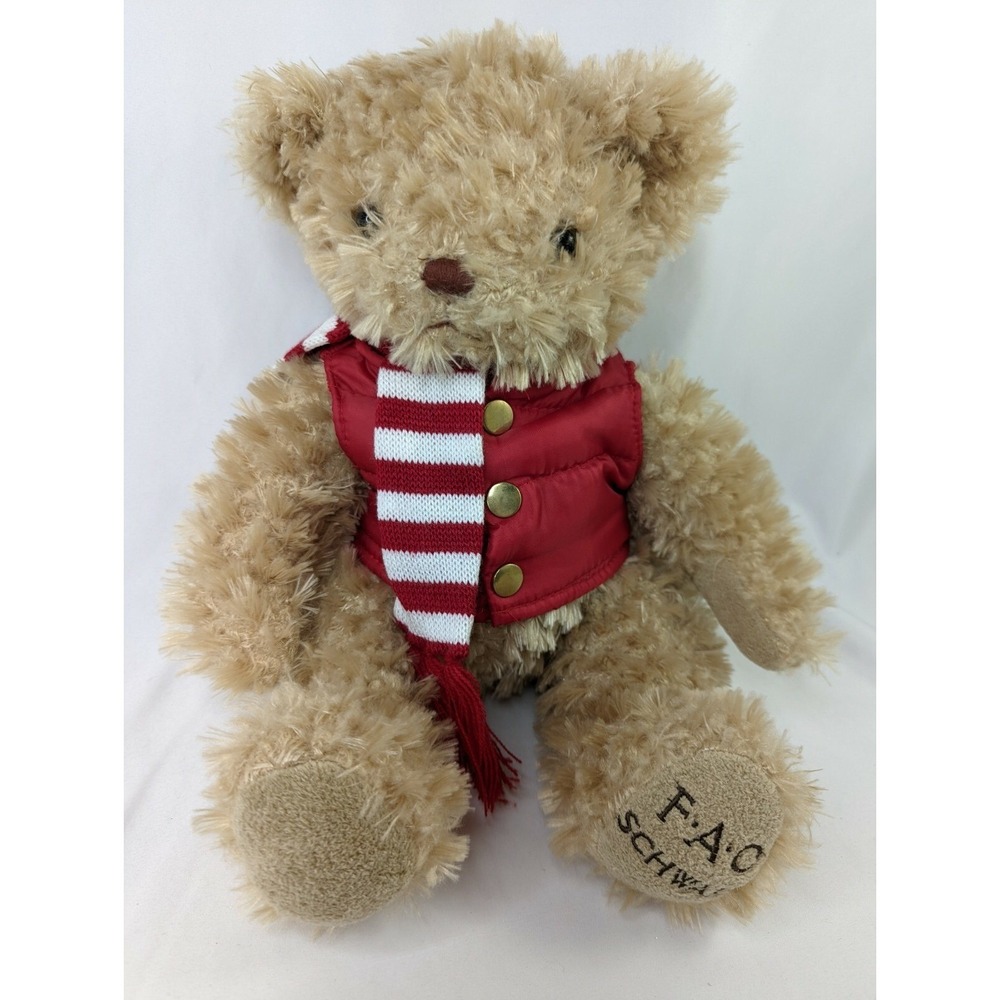 FAO Schwarz Tan Bear Plush 12 Inch Vest Scarf Stuffed Animal Toy